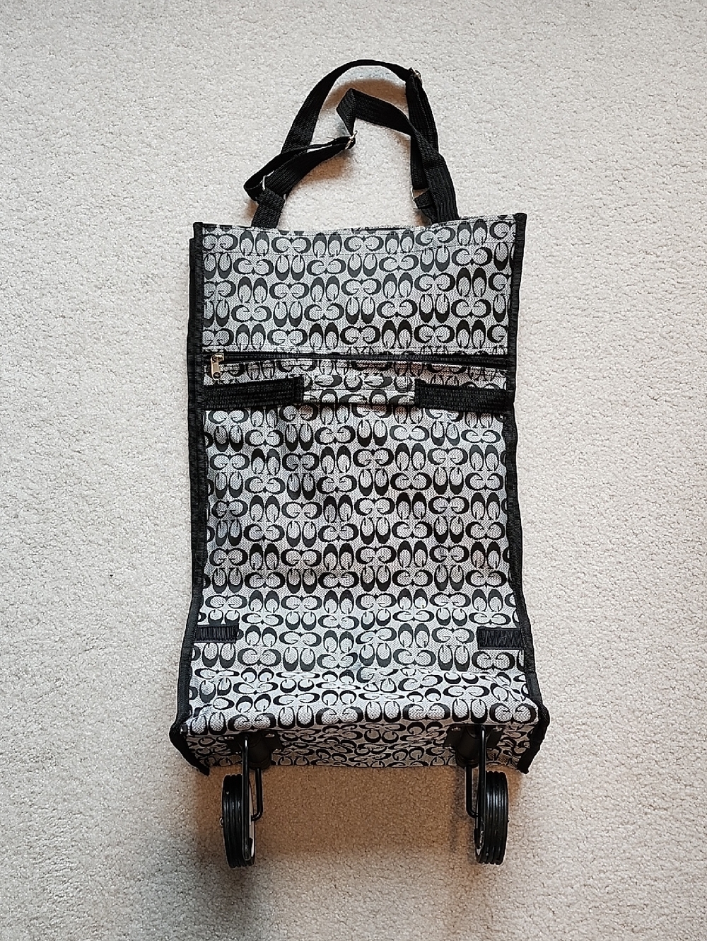 Foldable Shopping Trolley Bag in Black and White Monogram Print